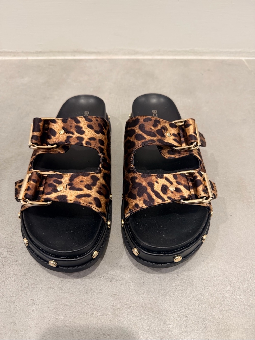 BCBGeneration Leopard Print Double-Buckle Slide Sandals with Gold Accents
